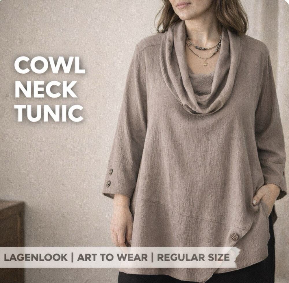 Ali Miles 1X Taupe Textured Cowl Neck Tunic Lagenlook Asymmetrical Art Top